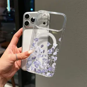 Magnetic Large Hole Fashionable Spring Purple Floral Pattern Phone Case, Suitable for iPhone 17 E Air Pro ProMax iPhone16 15 14 Plus 13 12 Mini 11 X XS XR Drop-Proof, Magnetic, Anti-Scratch, Anti-Fingerprint, Heat Dissipation Acrylic Transparent