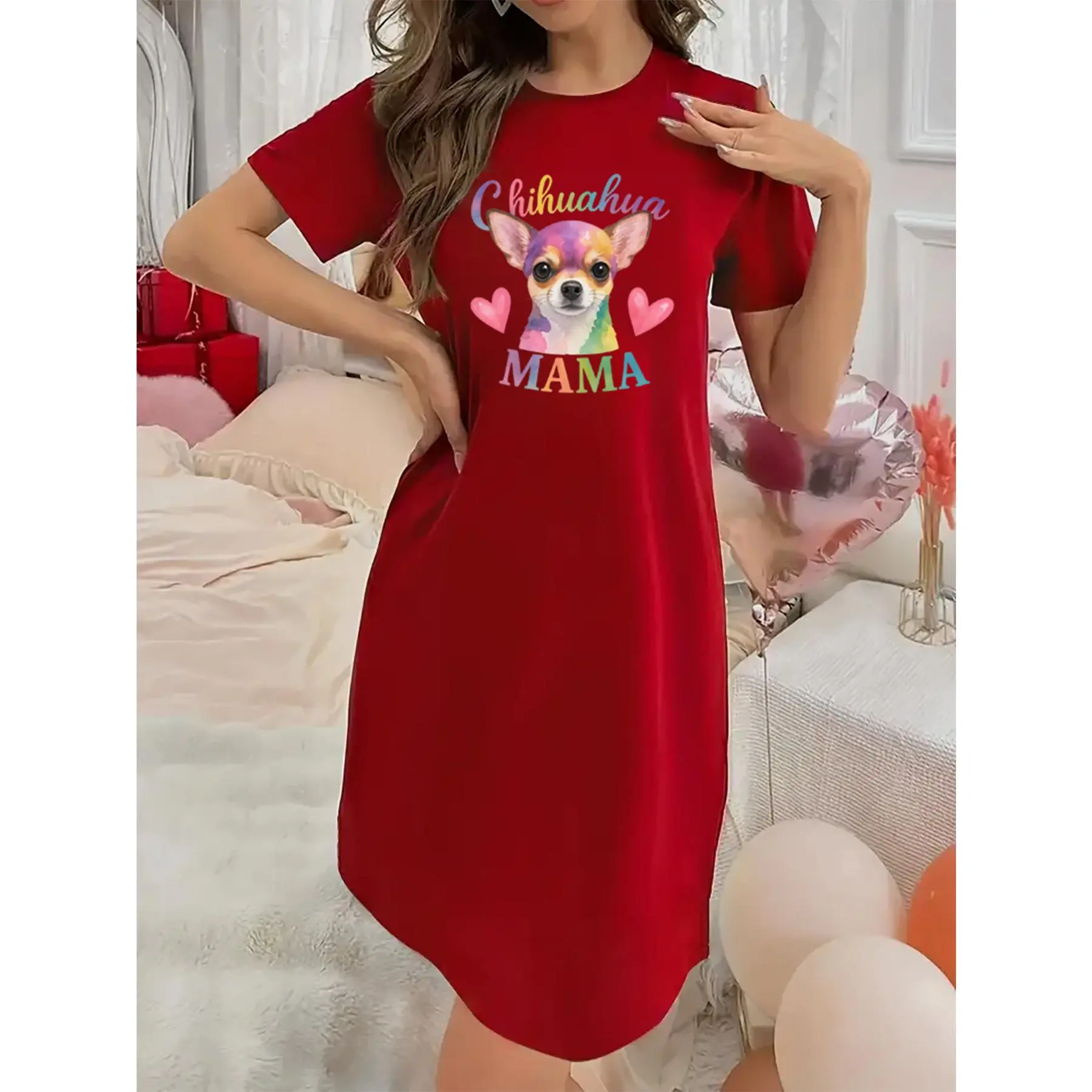 Soft Micro Stretch Women's Lingerie Colorful Chihuahua Mom Printed Short Sleeve Round Neck Nightgown Sexy Elegant Young Style Women's Valentine's Day Dress Mother's Day Christmas Thanksgiving New Year Gift Ideas