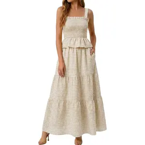Glamaker Womens 2 Piece Skirt Sets Summer Gingham Plaid Tank Tops Maxi Skirt Casual Travel Vacation Outfit with Pocket