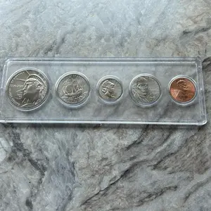 2026 Semiquincentennial 5-Coin Set - BU Half Dollar, Mayflower Quarter, Dime, Nickel, and 2025 Penny in Whitman coin holder.