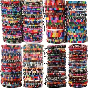 48pcs Bohemian Striped Elastic Wristbands & Stretchable Bracelets for Christmas, Graduation, Parties, for Teenager