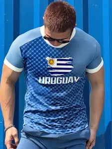 Men's Uruguay Soccer Team Jersey Summer Round Neck Short Sleeve Casual Fashion T-Shirt Blue Block Flag Pattern Breathable Football Jersey