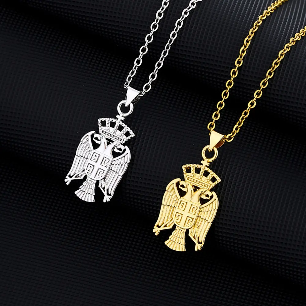 Patriotic Pendant Necklace with Serbia Eagle Emblem on a Golden Tone Chain, Unisex Souvenir Jewelry, Eagle Motif, Souvenir Gift, Adults, Casual