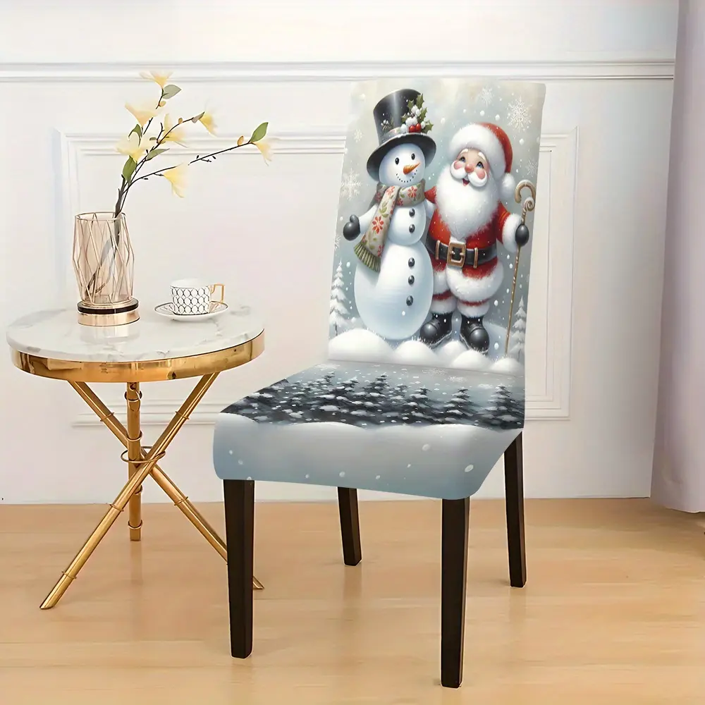 Christmas Dining Chair Slipcovers Set of 4, Soft Winter Snowman & Santa Snow Scene Printed Stretch Parsons Chair Covers, Machine Washable Xmas Holiday Home Decor