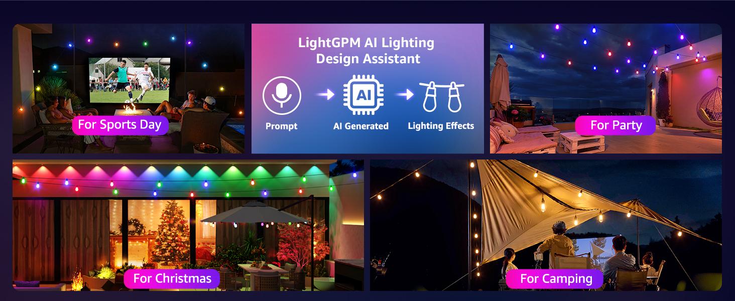 Lepro ZB1 AI Smart Outdoor String Lights APP Control, 54(42+12) ft RGB + IC +Warm White Waterproof Connectable Outdoor Strip Lights 15 LED Bulbs, Alexa Google Enabled, AI Generated Lighting LLM, NO Remote, 2.4 GHz WiFi+ Bluetooth