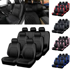 AUTOYOUTH 7-Seater Car Seat Covers, PU Leather Full Set Universal Seat Protectors, Waterproof & Durable Diamond Pattern, 4 Single Seats + Rear Bench Covers for Cars SUVs Trucks Vans, Airbag Compatible, Black Red Blue Car Decor, Car Interior Accessories