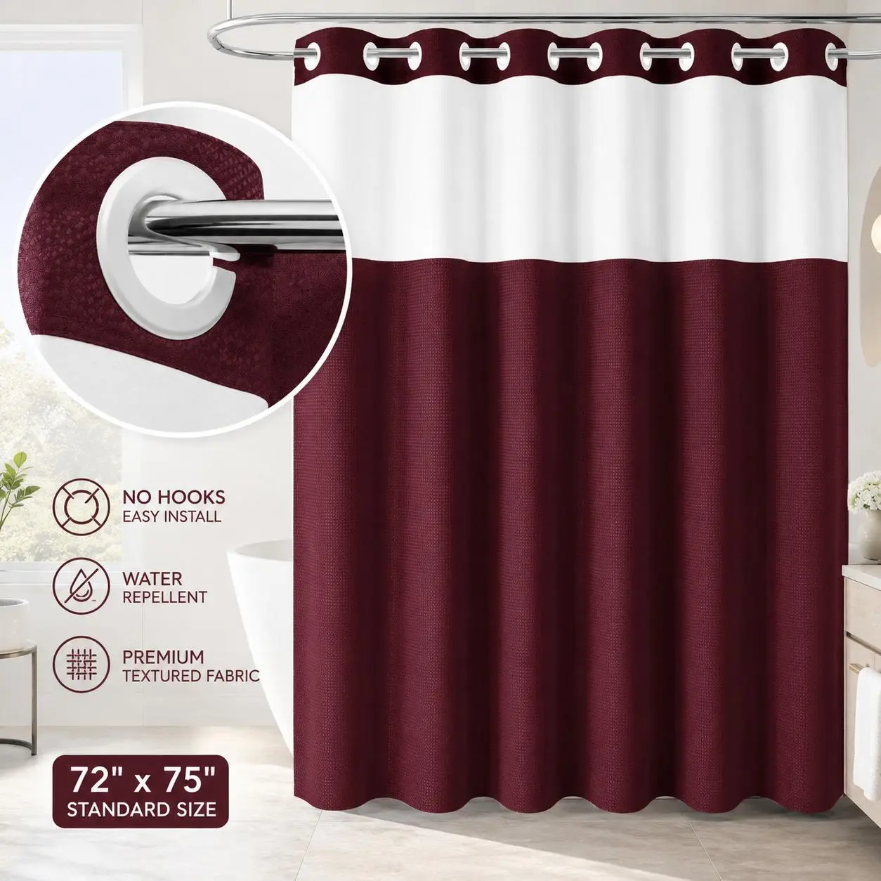 Burgundy Hookless Shower Curtain, No Hook Waffle Textured Fabric Shower Curtain for Bathroom, Water Repellent, Easy Install, Modern Hotel Style, 72x75 Inch