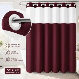 Burgundy Hookless Shower Curtain, No Hook Waffle Textured Fabric Shower Curtain for Bathroom, Water Repellent, Easy Install, Modern Hotel Style, 72x75 Inch