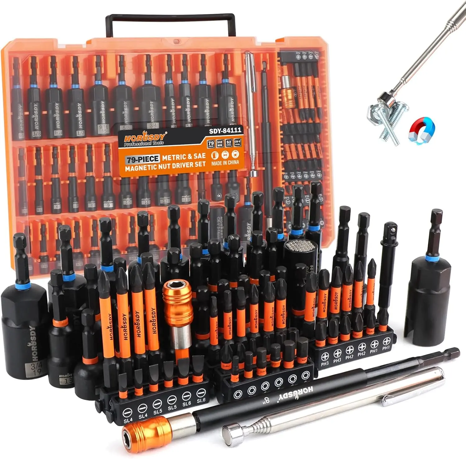 HORUSDY Upgraded 79-Piece Magnetic Impact Nut Driver Set, Metric & SAE with 3LB Magnetic Pickup Tool, Socket Adapters, Wing Nut Driver, Universal Sockets, Quick-Change Bit Holder & Extensions, Power Bits