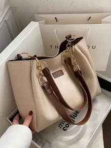 Women's Fashion Letter Print Handbag with Chain Decoration, Stylish Plain Color Tote Shoulder Bags for Ladies, Versatile Accessory for Daily Use