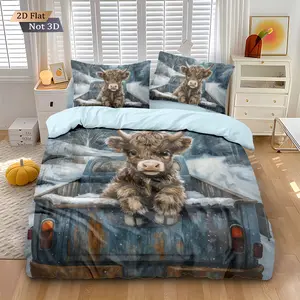 3pcs Highland Cow Pattern Duvet Cover Set, 2D Flat Print, Includes 1 Duvet Cover & 2 Pillowcases, Excludes Duvet Insert and Pillow Inserts, Soft Comfortable, Suitable for Bedrooms, School Dormitories, Gift for Highland Cow Lovers, Bedroom Bedding Set