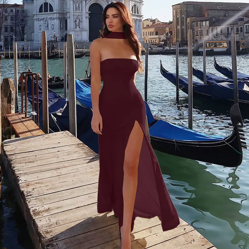 burgundy strapless dress with scarf Strapless Scarf Chain Satin Dress In Crimson Haze main image 1