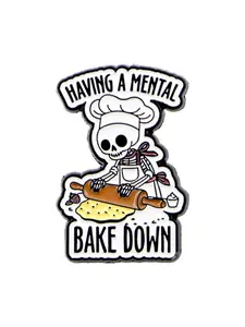 "Having a mental  bake down " Skull Chef Brooch Pin, Charms, Vintage Badge, Punk Fashion Accessory for Bags Clothes Hats, Halloween Party Gift, All Seasons Wear