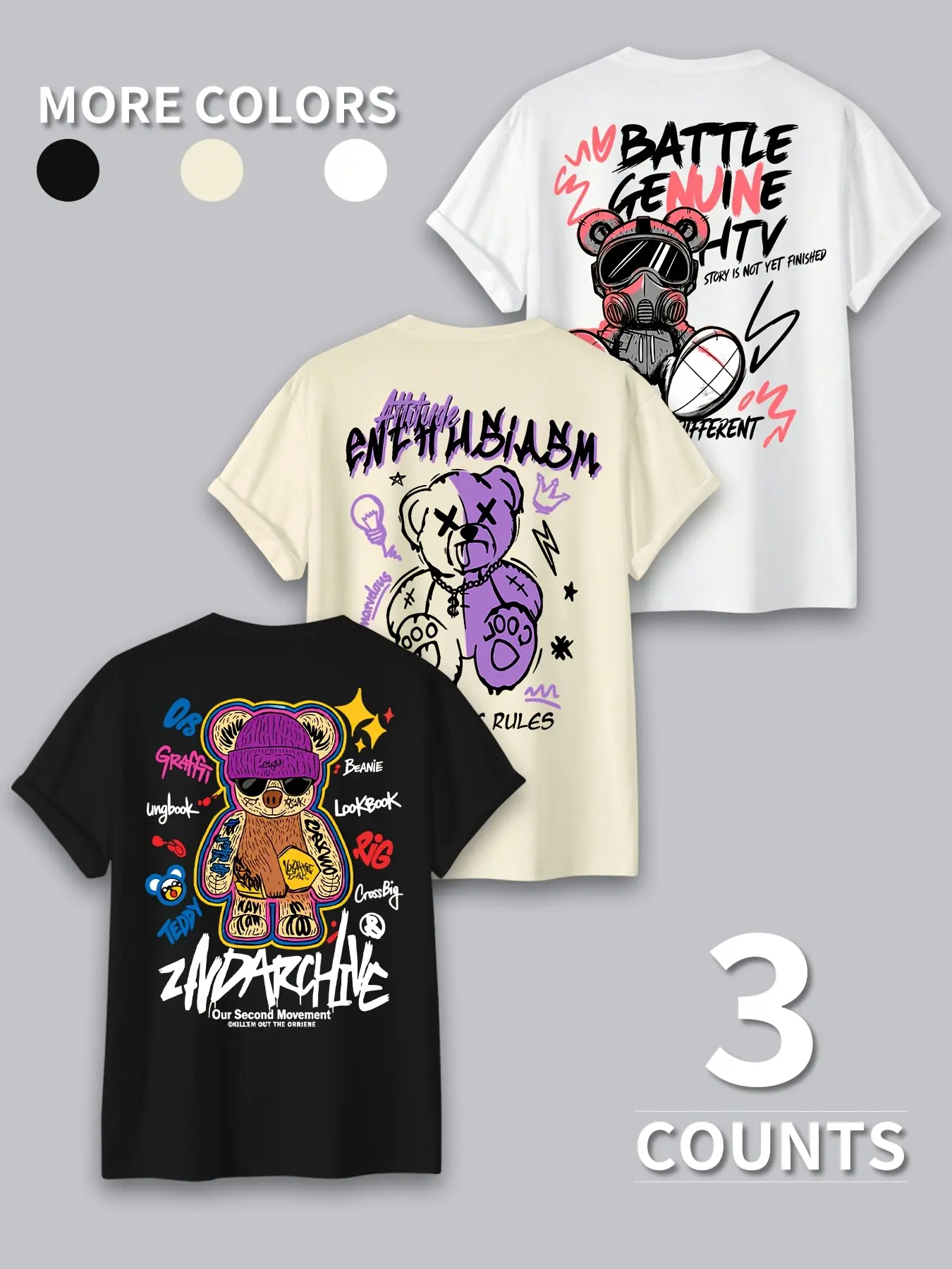 3pcs Set of Men's Round-neck Short-sleeve T-shirts with Unique Letter and Pattern Prints, Suitable for Daily Streetwear