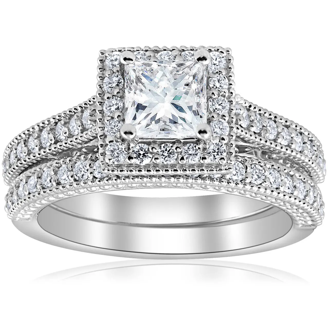 1 1/2ct Princess Cut Halo Vintage Diamond Engagement Ring 14k White Gold 1 1/2ct Princess Cut Halo Vintage Diamond Engagement Ring 14k White Gold