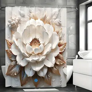 1pcs Forest-Themed 3D Floral Pattern Shower Curtain Set - Waterproof, Cordless, Non-Slip, and Easy-to-Clean - Includes 12 Hooks, Complete Bathroom Decor Solution, Installation, Polyester