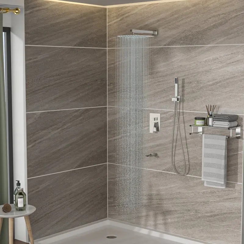 High-End 3-Function Square Shower System, Square Shape Pre-Piped Kit, 10 in Wall-Mounted Rain Shower Head, Adjustable Waterfall Tub Spout, 59 in Rough-In Valve, 1.8 GPM, Brushed Nickel Finish, Abs, Shower Heads
