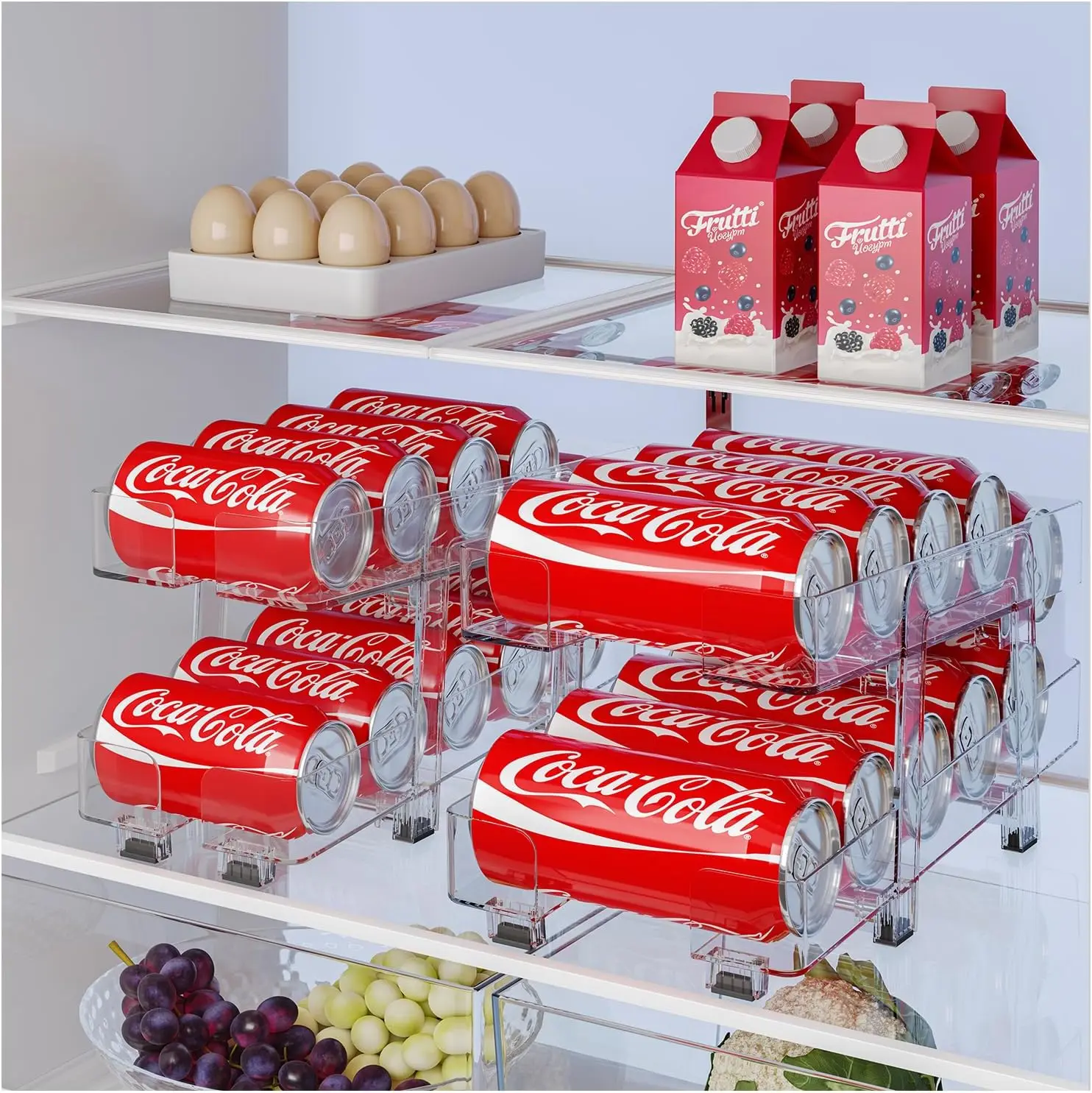 2 Pack Stackable Refrigerator Organizer Soda Can Dispenser Pop Cans Container Beverage Holder with Lid for Fridge Freezer Kitchen Clear Plastic Storage Bins Holds 10 Cans Each Bottles Gravity Sliding Large Capacity