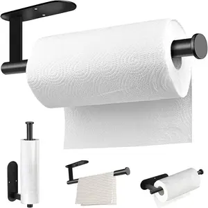 Paper Towel Holder Wall Mount, Self Adhesive Or Drilling Under Cabinet Kitchen, 13.2 inch Stainless Steel Paper Towel Roll Rack, Towel Roll Hanger for Bathroom(Rectangle-Black)