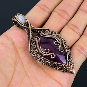 Natural Amethyst, Moonstone Pendant Copper Wire Wrapped Pendant Amethyst Moonstone Gemstone Pendant Copper Handmade Pendant Jewelry For Gift