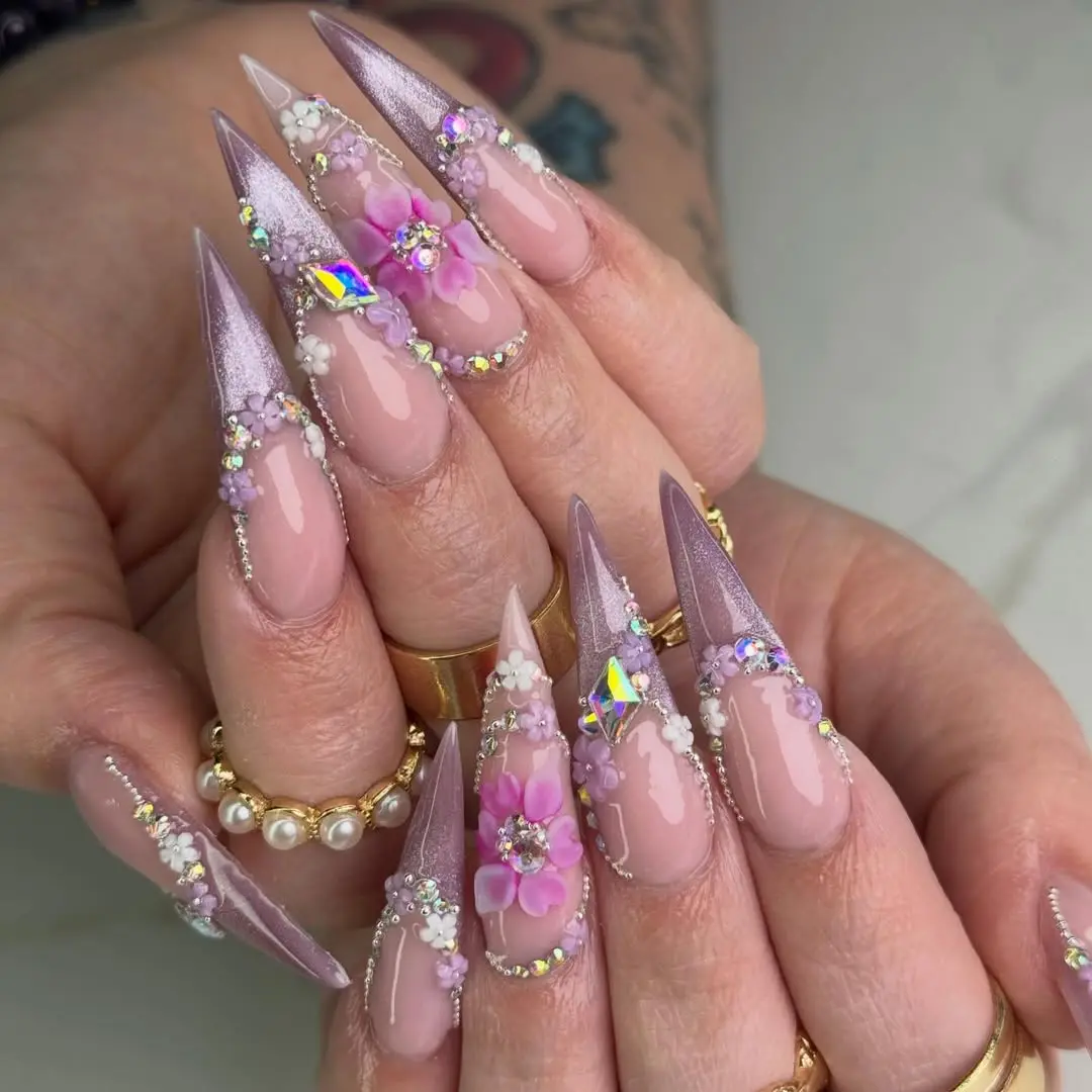 Luxury Lilac 3D Flower Rhinestone Press On Nails – Long Stiletto False Nails