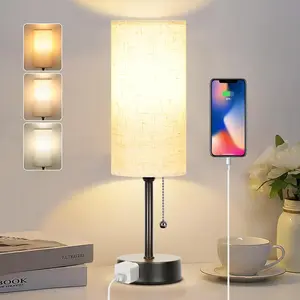 Bedroom bedside table lamp, 3-color adjustable small lamp with zipper switch, suitable for bedside tables in bedrooms, desk reading lamp, bedside table lamp with AC socket, suitable for living room decoration/dormitory/office, includes bulb