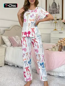 2 pieces of women's bow print Knitted round neck short sleeved pants pajama set with adjustable drawstring pants suitable for comfortable and casual home wear in all seasons Loungewear