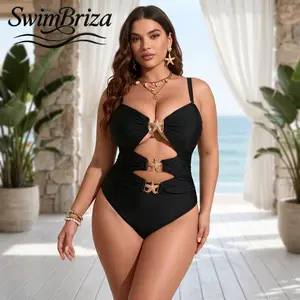Briza｜Women's Plus Size Cutout Push Up Monokini One Piece Swimsuit Solid Black with Gold Starfish Buckles Tummy Control Bathing Suit Fancy Vacation Beachwear Swimwear, Women's Swimwear, Bathing Suit for Women, Beach Pool Summer Vacation