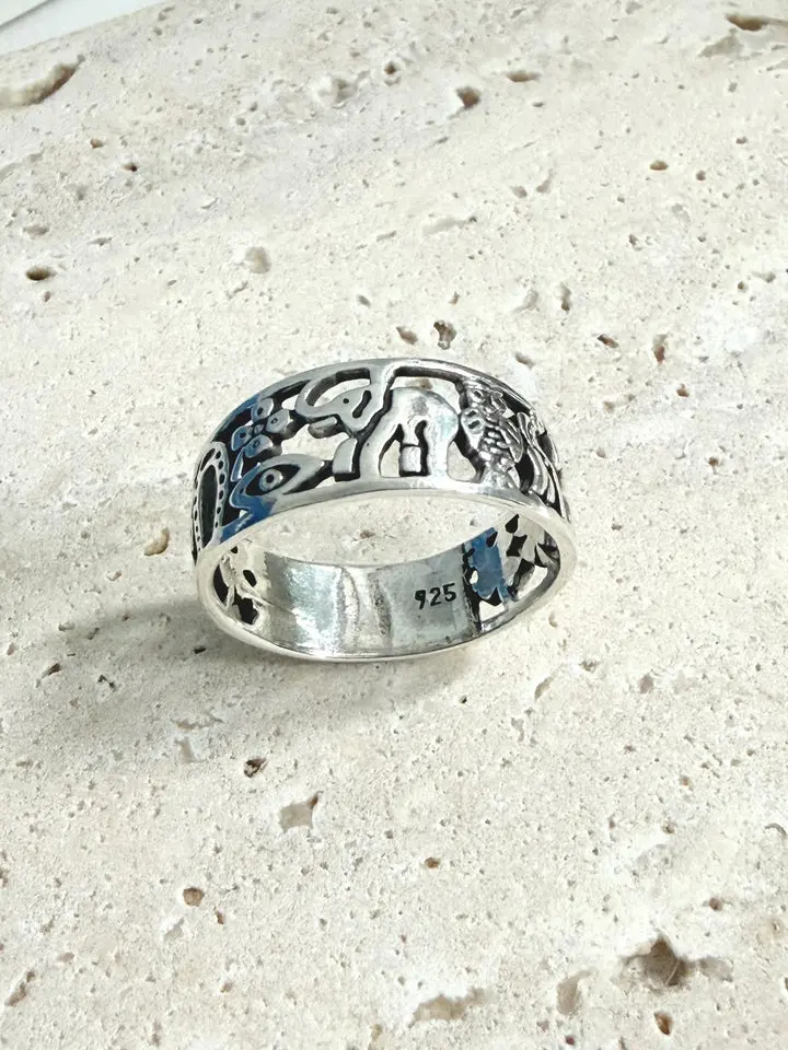 Silver 925 lucky charm ring | Handmade in Mexico | Protection Symbols Band Ring | Anillo de la suerte plata 925 Mexico