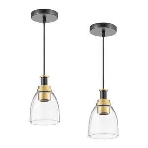VEVOR 1-Light Pendant Light 2 Pack Kitchen Island Lights with Clear Glass Shade & Hanging Cord Black and Gold Finish Adjustable Height Pendant Lighting for Bedroom Hallway Entryway Kitchen