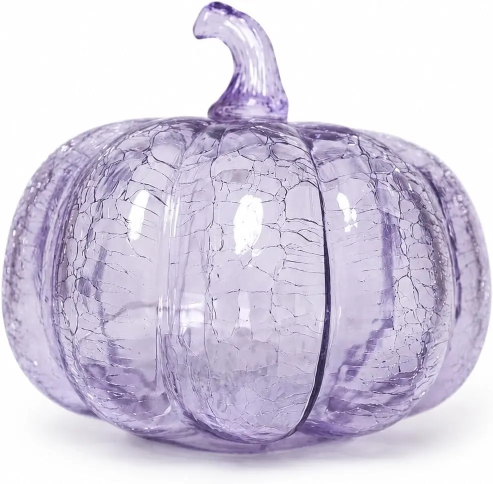 Lavender Crackle Glass Pumpkin Light 5.5 Inch Battery Operated LED Pumpkin Decor with 6H Timer Twinkle & Steady Glow Fall Halloween Thanksgiving Christmas Table Decoration