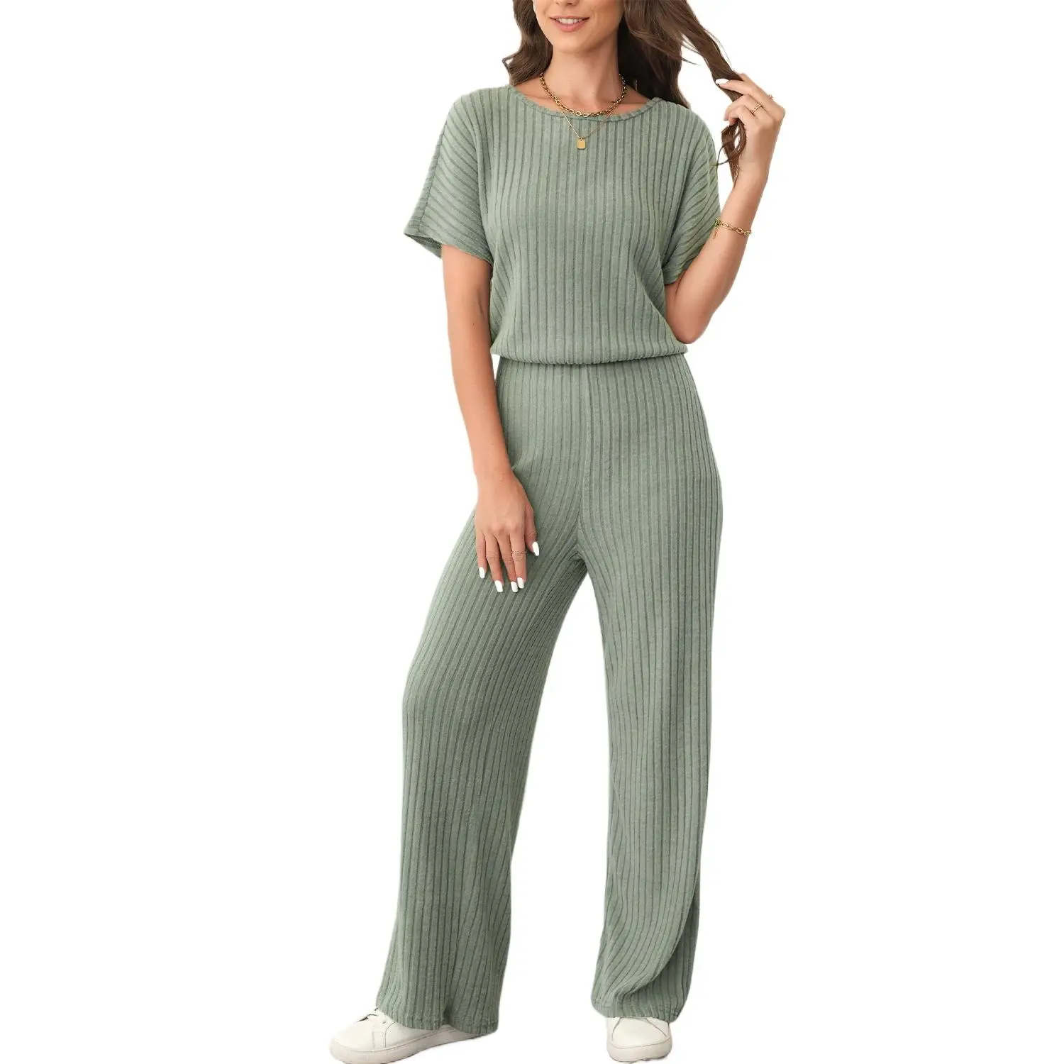 Women's Laurel Green Ribbed Jumpsuit, Casual Comfortable Short Sleeve Wide Leg Overalls with Keyhole Neck and Pockets, Solid, Shortsleeve, Fabric, Keyhole Neckline, Fashion, Clothes, Trendy Outfit, Wide-Leg Pants