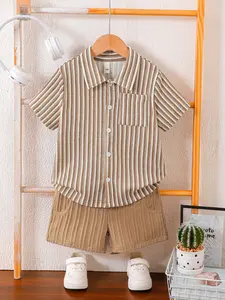 Boys' Summer New Arrival Simple Elegant Fashion Loose Fit Set, Textured Plaid Fabric Shirt Short Sleeve with Breathable Casual Shorts, 2-Piece Set