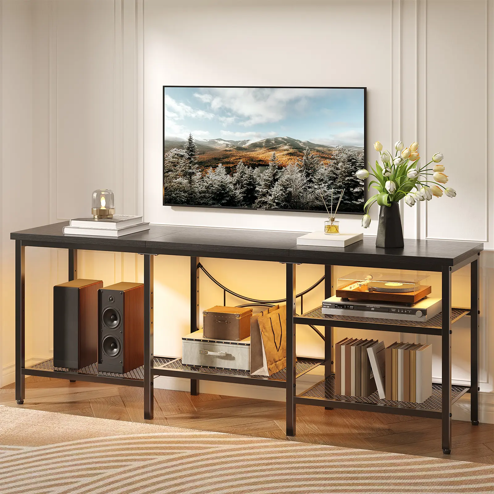 Pinmoco LED Electric Fireplace TV Stand 63-inch Entertainment Center TV Stand — With Storage.Adjustable.