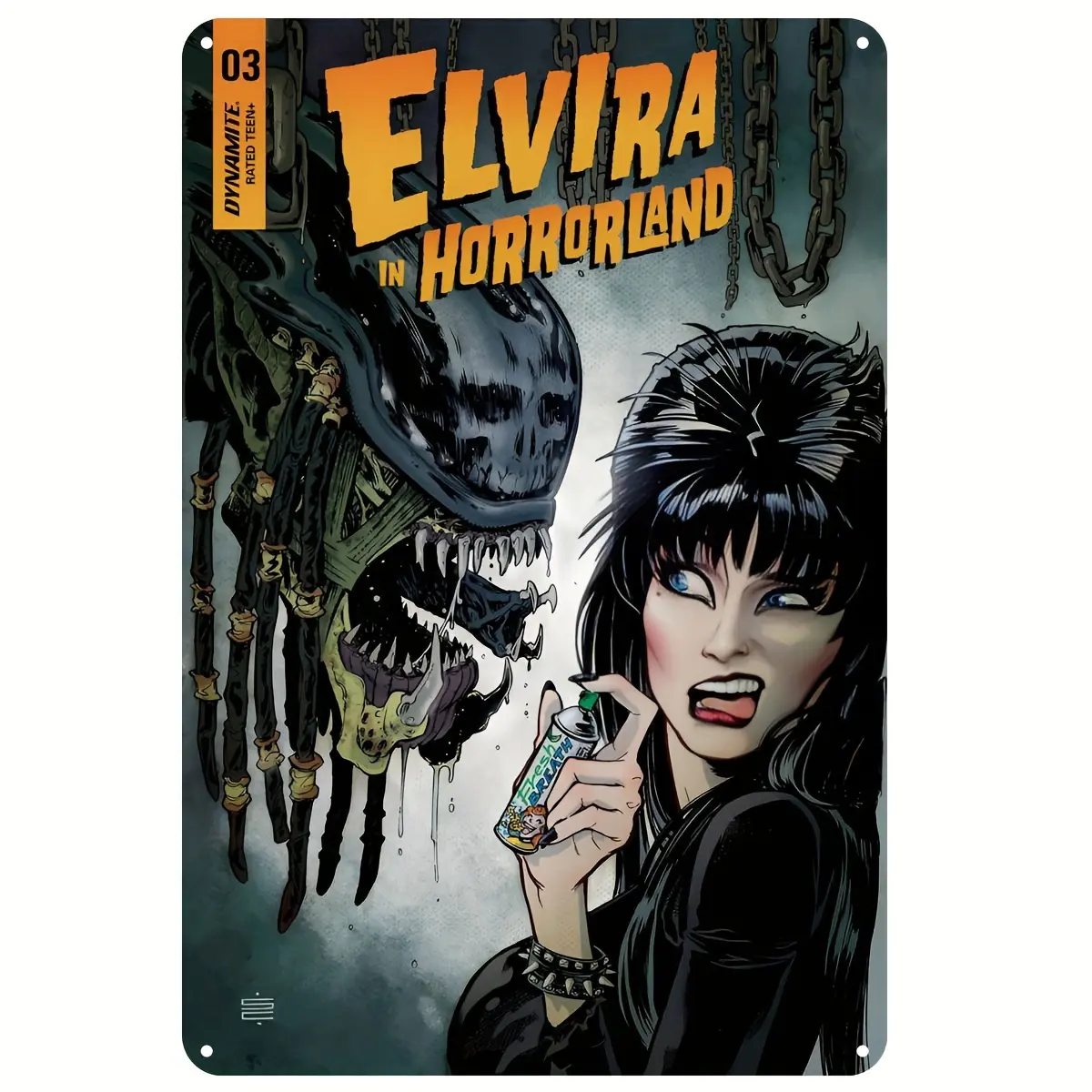 Spooky Elegant Gothic Elvira Metal Wall Art Painting - Durable Iron Construction, Artistic Metal Surface, 8x12 in, Living Room & Bar Room Decor, Home Supplies