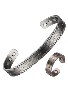 99.99% Pure Copper Magnetic Bracelet Set with Ring, 3500 Gauss Strength, Adjustable Design, Fashionable Copper Jewelry Gift
