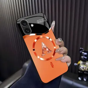 Suitable for [iPhone 16 Plus] high-end MagSafe phone case🥰,Luxury Personal Initial Magnetic Case Viral Sunset Orange Bling Case - Aesthetic Gift for Her 952
