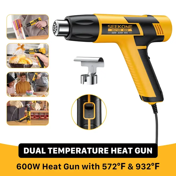SEEKONE Portable Mini Heat Gun, 600W Dual-Temperature Power Tool (572℉&932℉) with 4.9Ft Cable, Overload Protection, Reflector Tip, Adjustable High-Temp Function, for DIY Projects, Hobby, Soldering, Shrink Wrapping