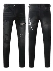 Men's High Cotton Slim Fit Streetwear Denim Jeans, Vintage Black Wash Ripped Graffiti Print Cross Rivet Distressed Casual Pants for Hip Hop Daily Outfits