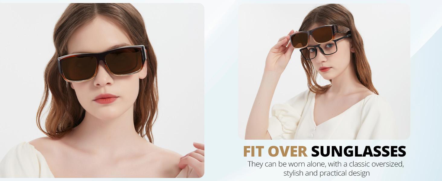 Sunglasses Over Glasses for Women with Rhinestone Rectangle Fit Over Glasses UV Protection for Driving TS4204