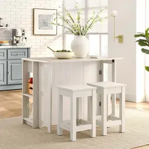 Meadowbrook 3-Piece Kitchen Island and Stool Set in White Maple