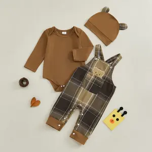 Toddler Baby Boys Outfits Newborn Baby Boys Clothes Long Sleeves Romper and Plaid Suspender Pants and Bear Hat Infant Boys 3Pcs Clothing Set