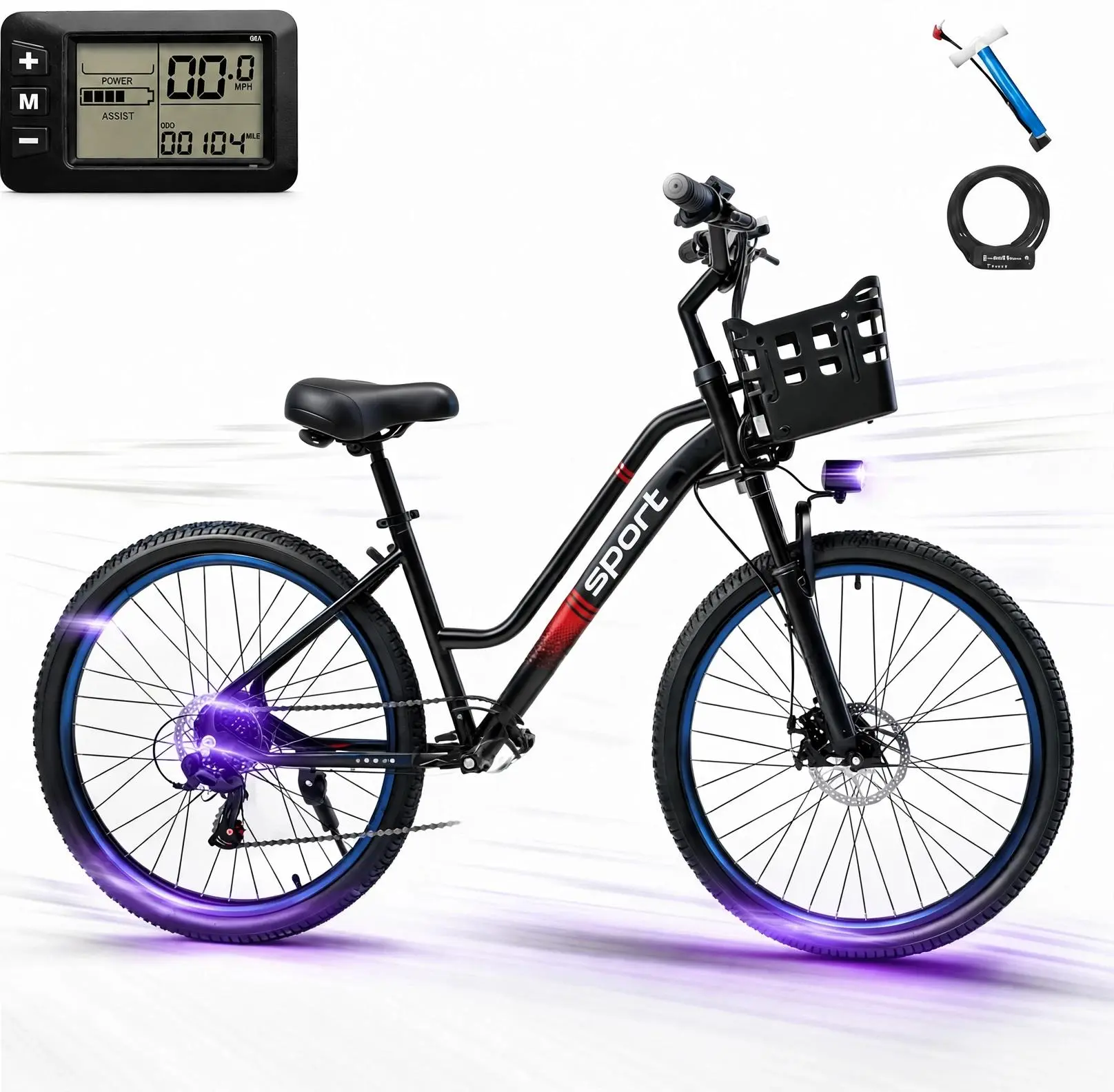 Adult Electric Bike - 1000W Peak Motor, 26-Inch E-Bike, 432Wh Removable Easy-to-Charge Battery, 25MPH, 7-Speed Gears, Front Basket, 58lbs, Women's Comfortable Ride for Commuting, Shopping & Daily Use, 26 Inches
