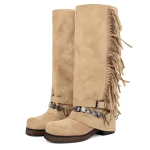 Women's Suede Knee-High Riding Shoe with Soft Fringe Detail, Buckle-Adjustable Strap, Chunky Heel, Square Toe and Fold-Over Design