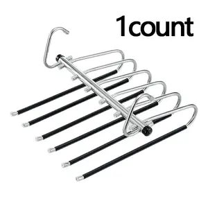 6-Tier Folding Pants Rack, Stainless Steel Anti-Slip Clothes Organizer, Space-Saving Wardrobe Hanger for Jeans, Scarves, and More