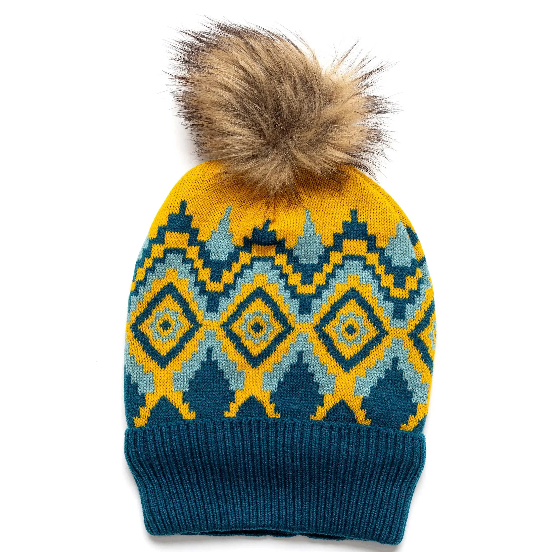 Casual Stripe Toboggan Beanie with Fur Pom-Pom, Warm Acrylic Winter Hat in Yellow and Blue with a Rib-Knit Blue Band, Fun And Cozy Detail, Machine Wash, Blue Band Hats