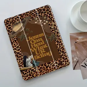 Leopard Religious Art Design Three-Tier Stand iPad Case,Transparent Acrylic Hard Back,Pencil Slot & Charger Port,Fits iPad 7.9/8.3/10.2/10.5/10.9/11/12.9 inch,Shock-resistant Full Cover Protective Case,Tablet Protective Cover