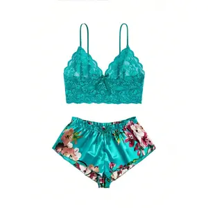 Women's 2-Piece Floral Lace Bow-Front Lingerie Set - Bra, Pants, Satin Fabric for Sleepwear & Loungewear