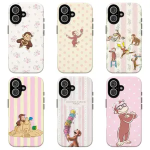 FL-Curious Georgeee Polka Dot & Striped Phone Case,Cute Cartoon Monkey Phone Case,Cute Monkey Aesthetic Protective Cover for Kids & Cottagecore Fans For iPhone 11 12 13 14 15 16 17 Air Pro Max for Samsung S26 S25 S24 S23 S22 S21 Case,Gift for her/him/fans