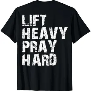 Women's Short-Sleeve Christian Streetwear T-Shirt - Natural Fabric, Fashion Design, Gym Gift for Christians with "Lift Heavy Pray Hard" Slogan